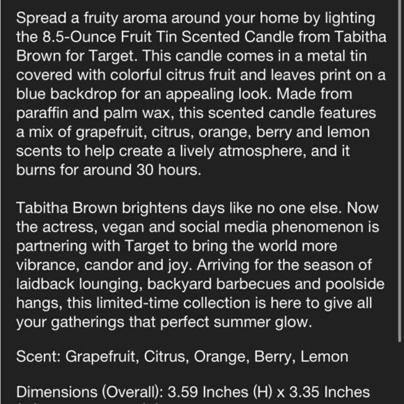 Tabitha  Brown Candle in a Fruit design Tin/Container - Picture 4 of 5